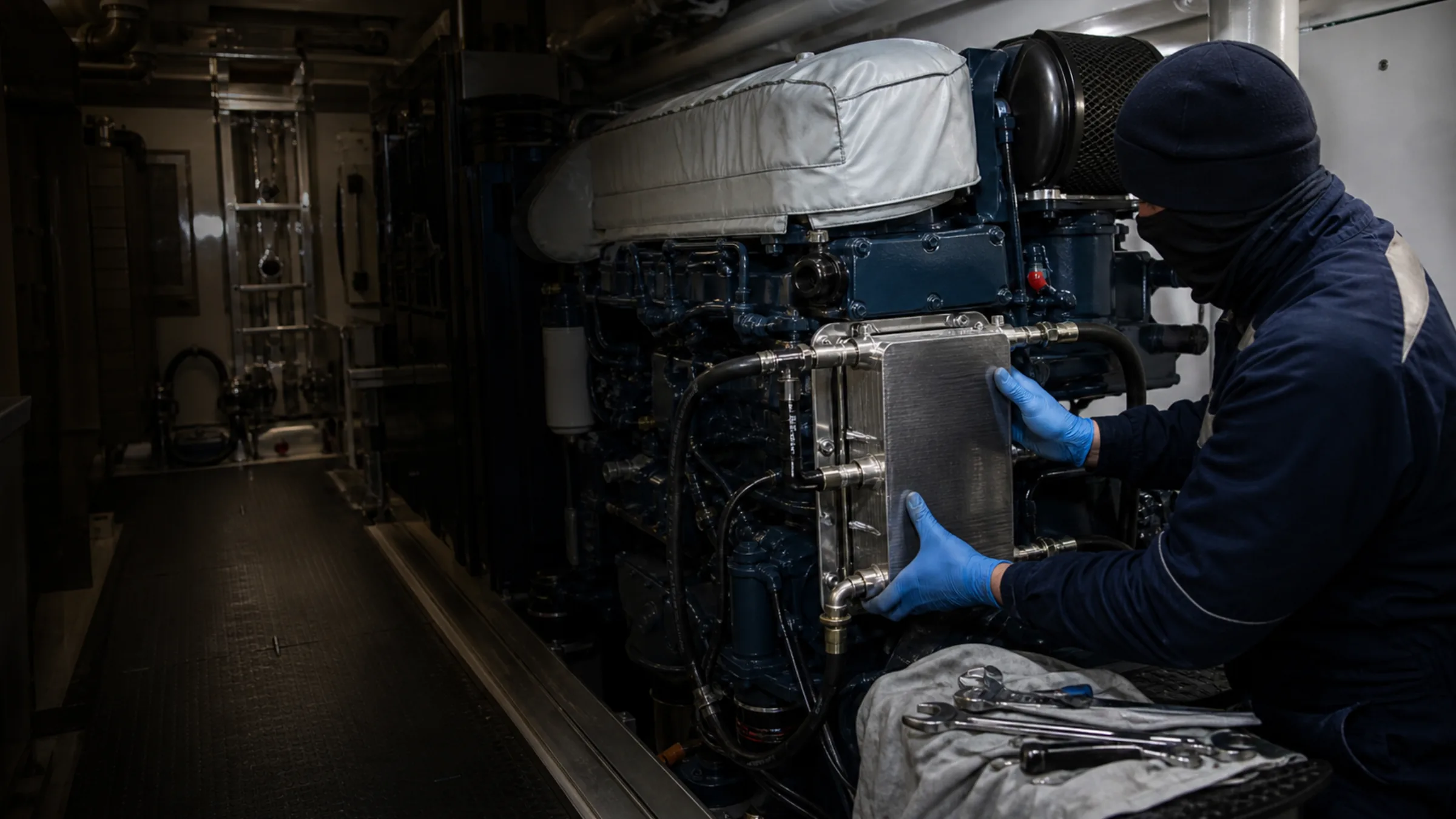 Technicians inspecting a secured marine generator