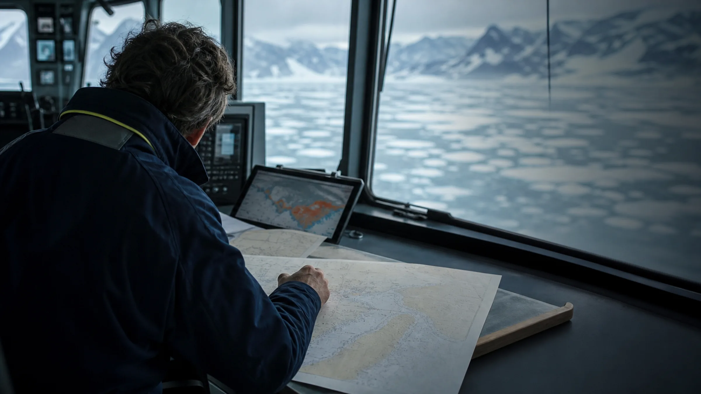Navigator reviewing a polar route on the bridge