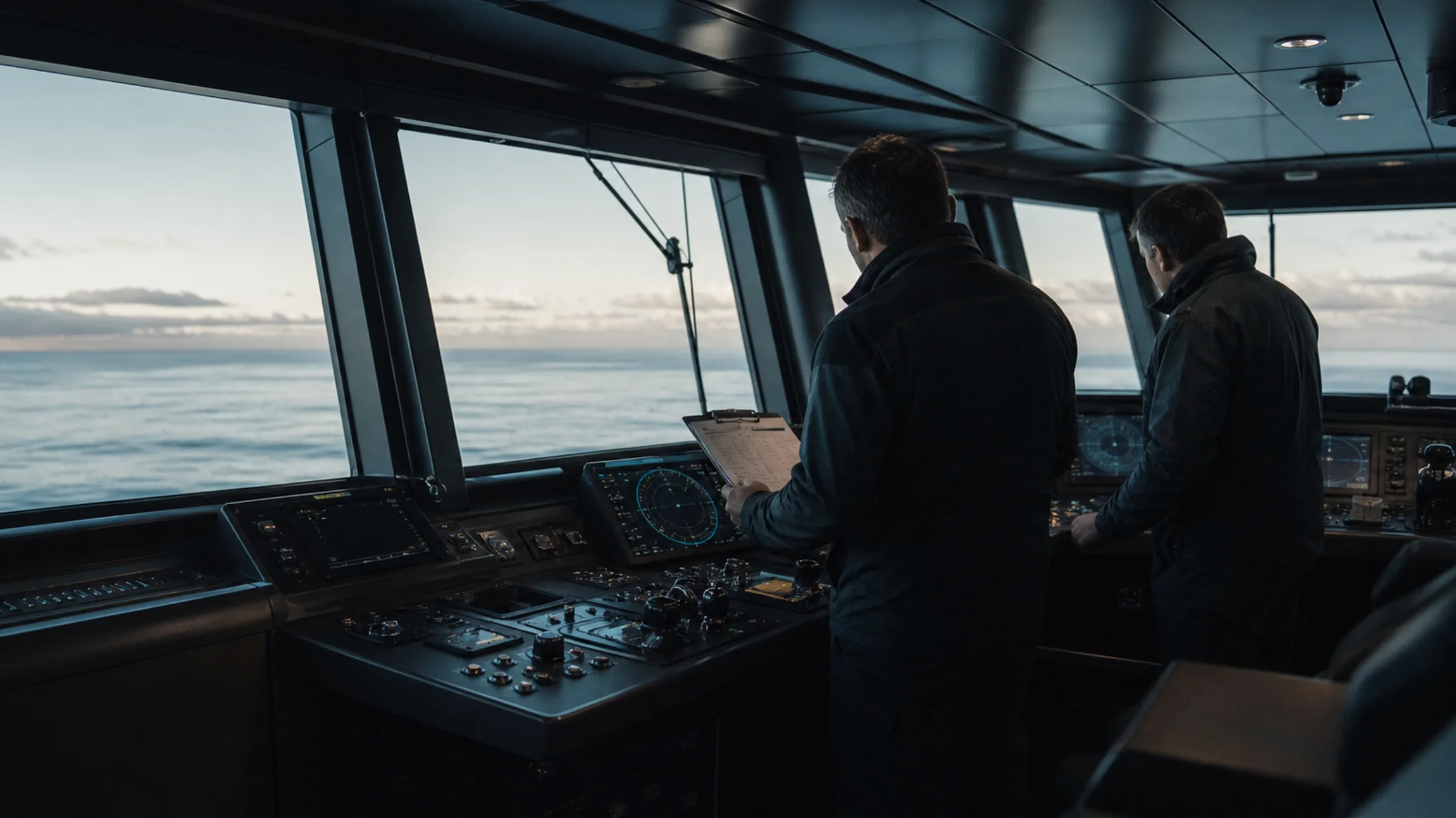 Bridge crew verifying systems during a post-refit sea trial
