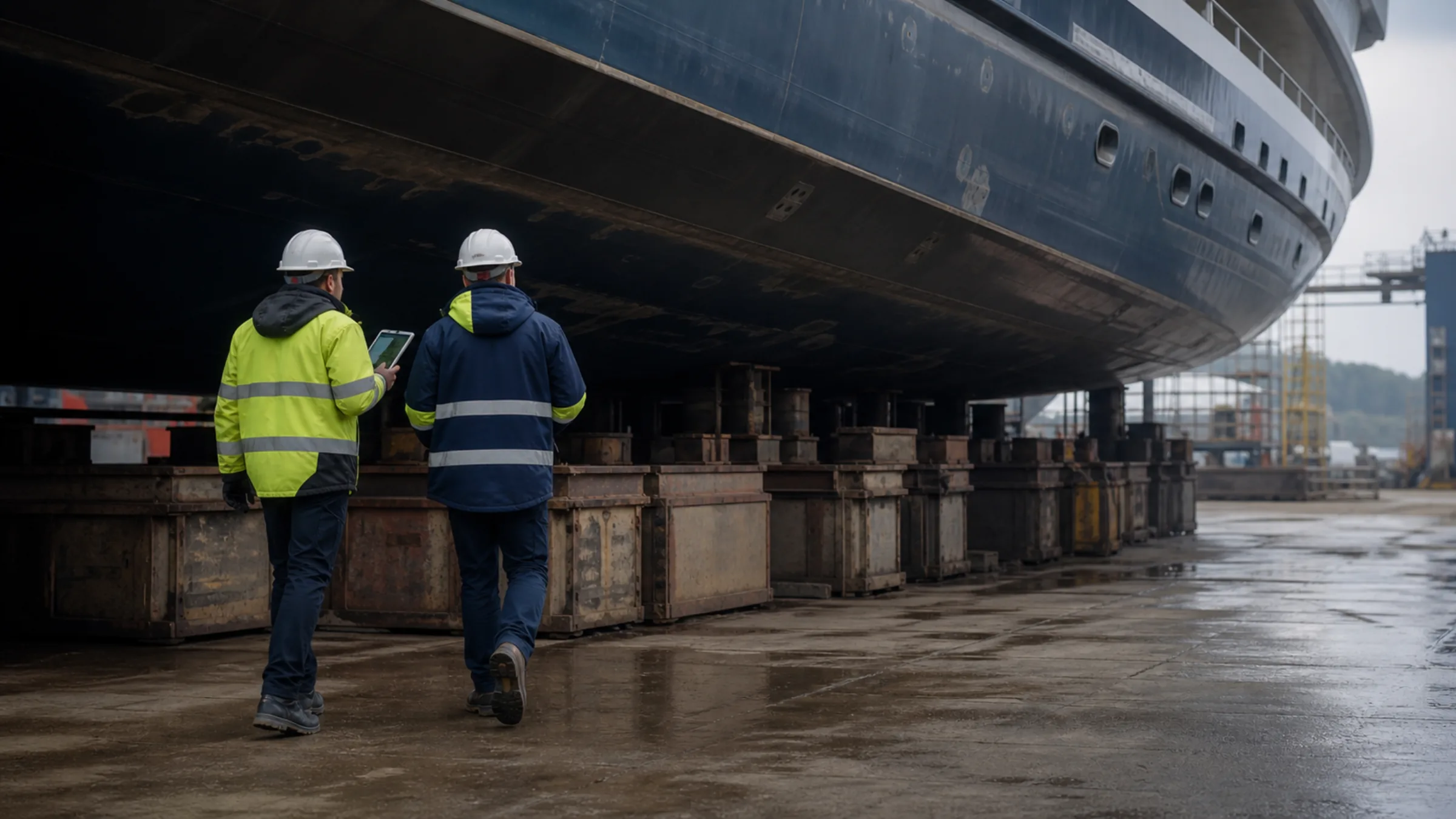 Owner-side refit walk-through in a shipyard