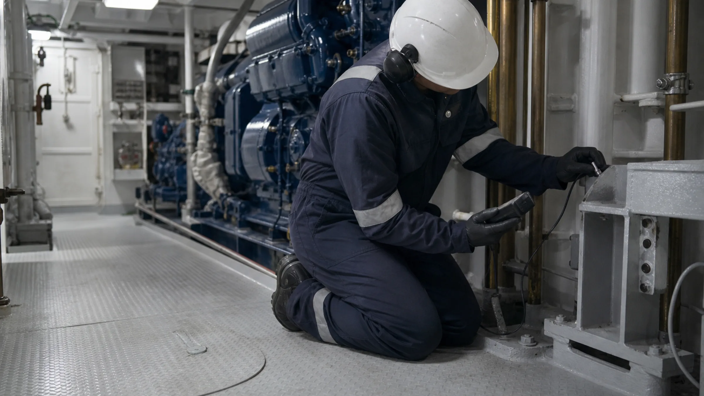 Inspector checking steelwork in a yacht machinery space