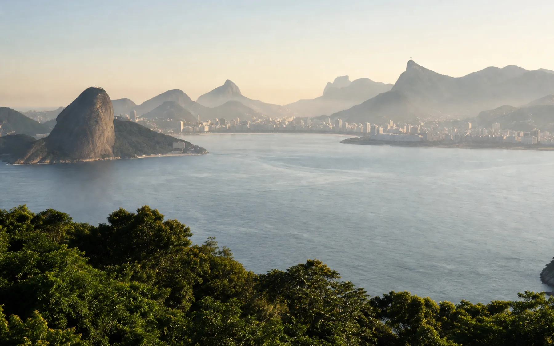 Guanabara Bay, Sugarloaf Mountain and Rio de Janeiro in pale morning haze