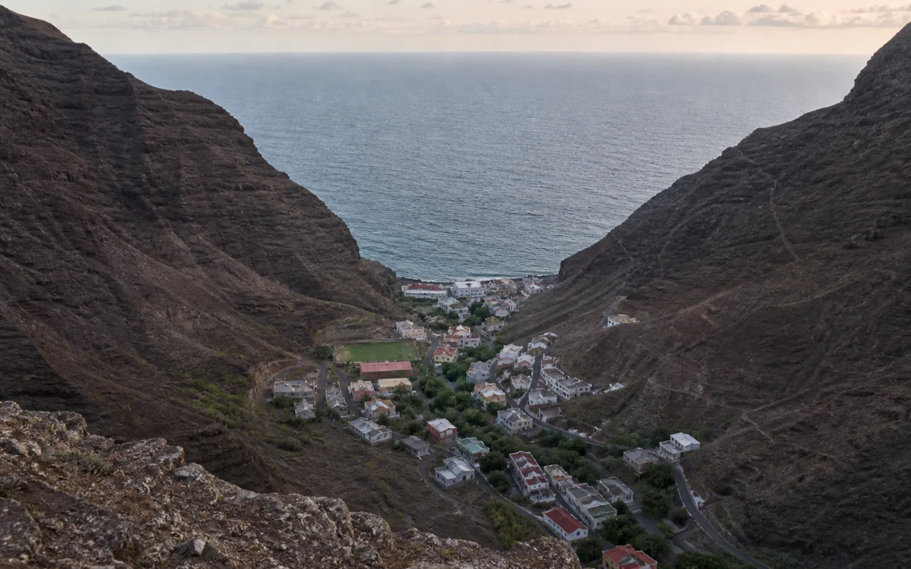 Jamestown set within the steep volcanic valley of St Helena above James Bay
