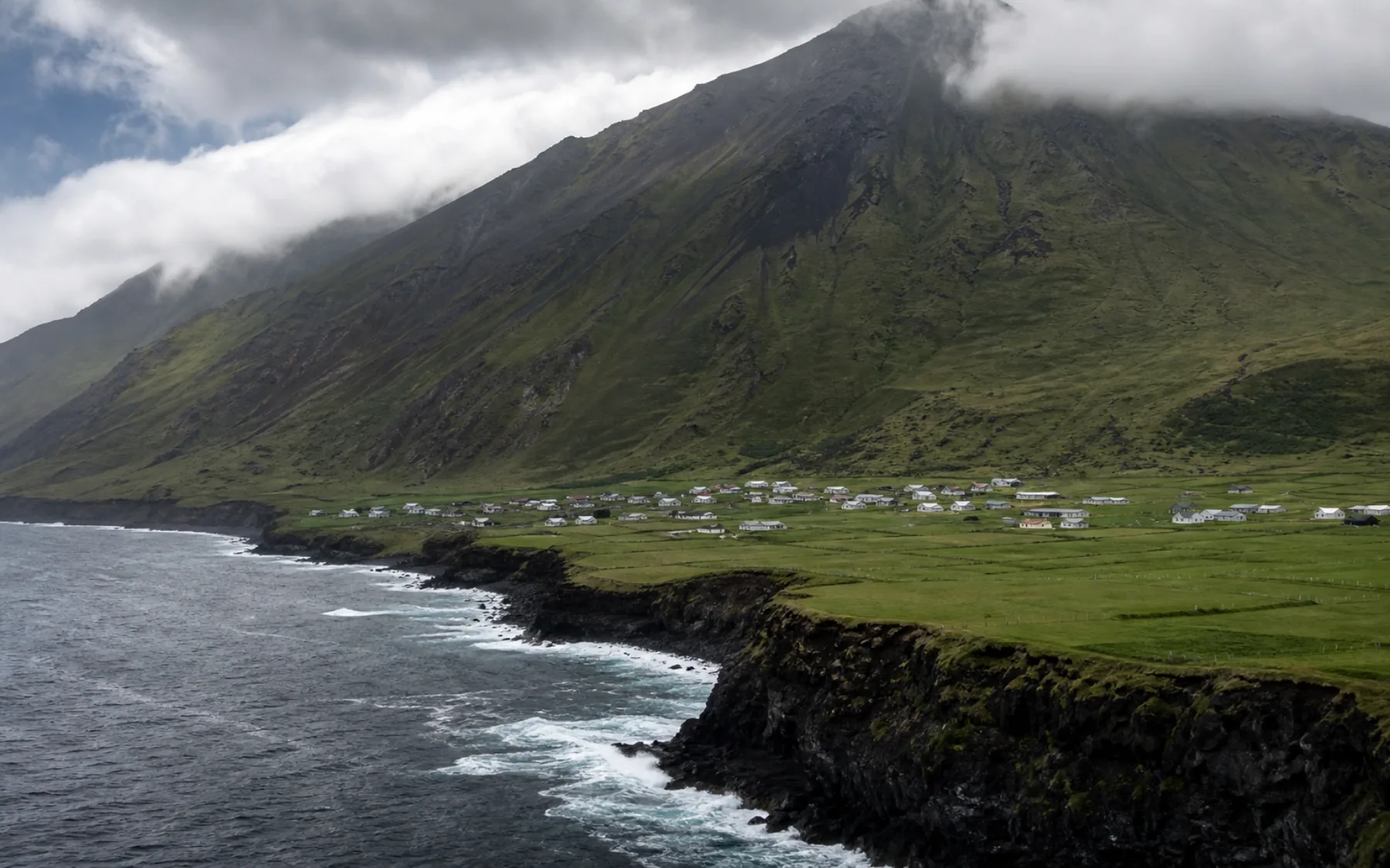 Edinburgh of the Seven Seas beneath cloud-wrapped Queen Mary’s Peak on Tristan da Cunha